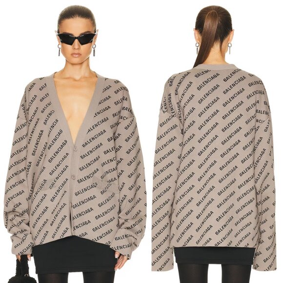 NWT Balenciaga Cardigan Sweater Dark Beige Allover Logo Knit Wool Blend V-Neck - Picture 2 of 12